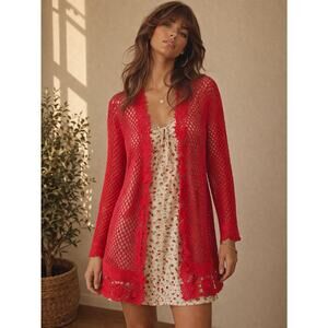 NWT Coral Red Cotton Open Weave Crochet Duster Tunic Cardigan XL Boho Cottage